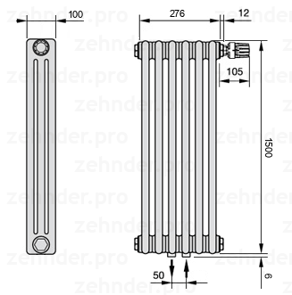 Схема (чертеж) Радиатор Zehnder Charleston 3150/6 №V008 Белый глянцевый RAL 9016